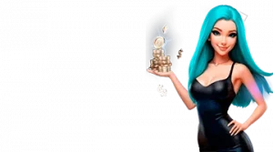 Изображение женского персонажа, держащего стопку монет, рекламирующего приветственный бонус в интернет-казино Legzo в игривом и привлекательном стиле.